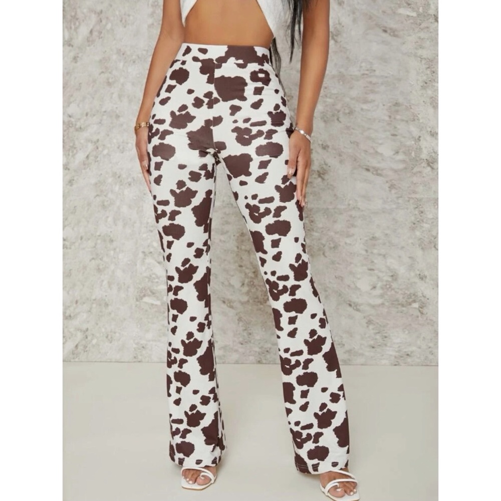 Bohemian Brown Cow Pattern Bell Bottom Flare Pants XS S M L